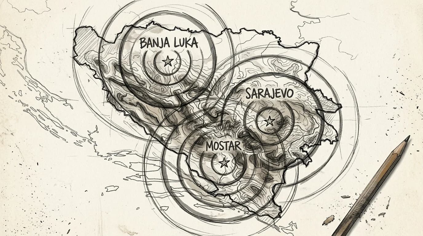 Hand-drawn sketch map of Bosnia showing overlapping coverage zones across Sarajevo, Mostar, and Banja Luka