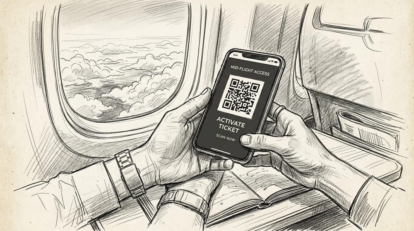 Hands activate an eSIM on a smartphone mid-flight with clouds visible through cabin window