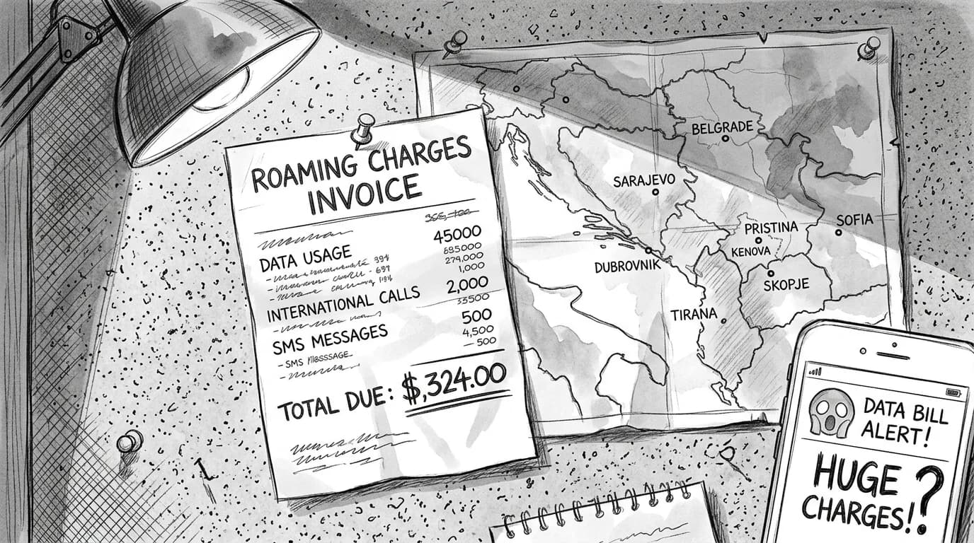 Sketched roaming bill pinned next to a Balkans travel map, phone showing high data charges