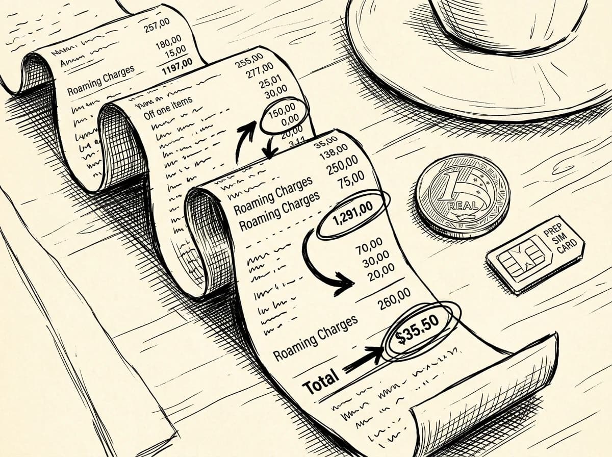 Crumpled roaming bill unrolling next to a Brazilian Real coin and SIM card on a café table