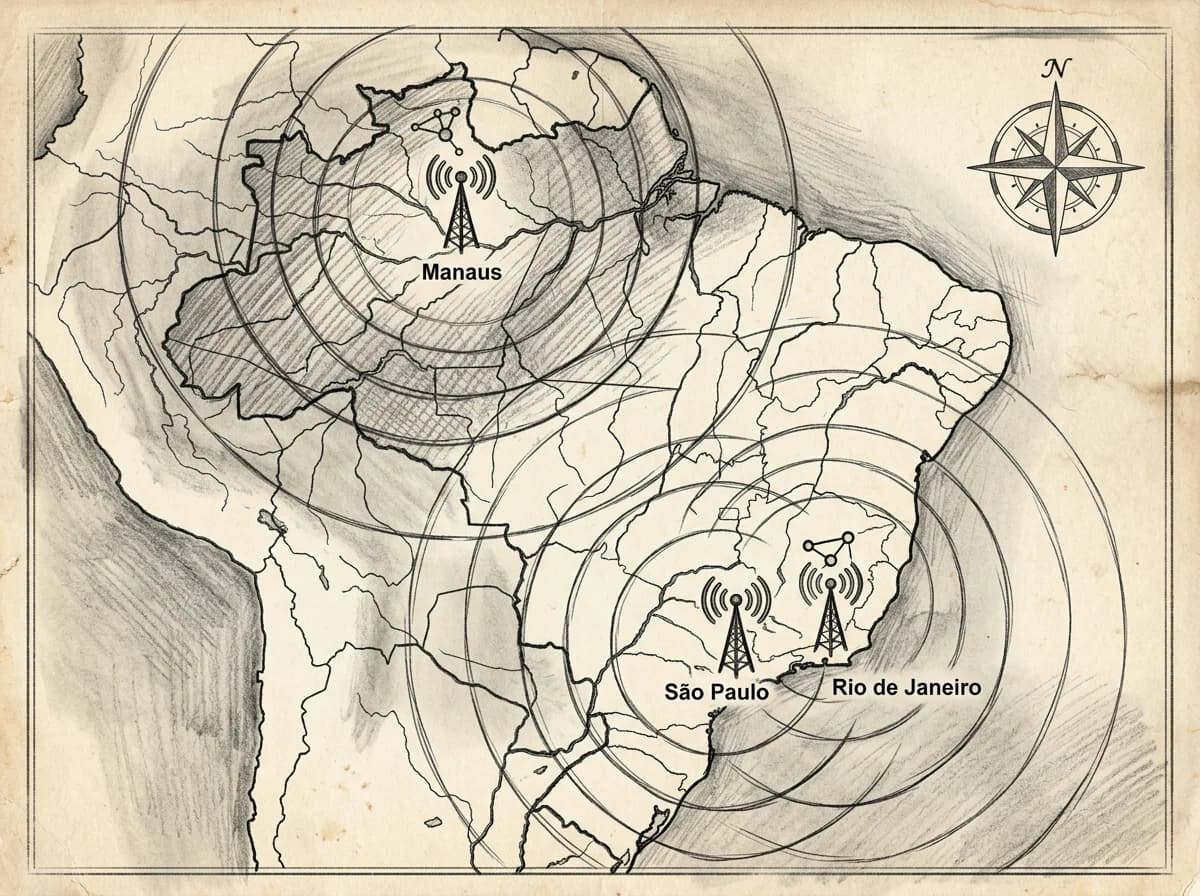 Hand-drawn sketch map of Brazil showing mobile network coverage zones across major cities