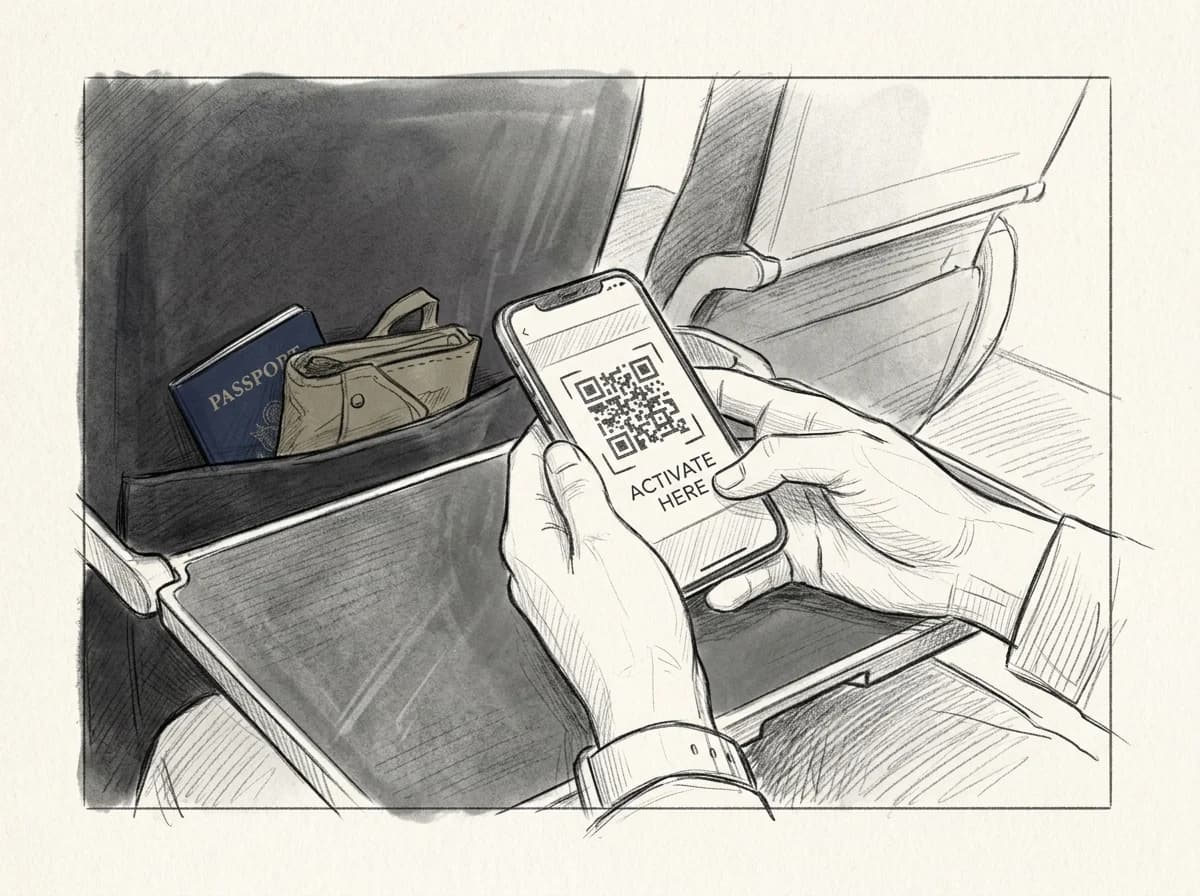 Hands hold a smartphone showing eSIM QR activation screen on an airplane tray table