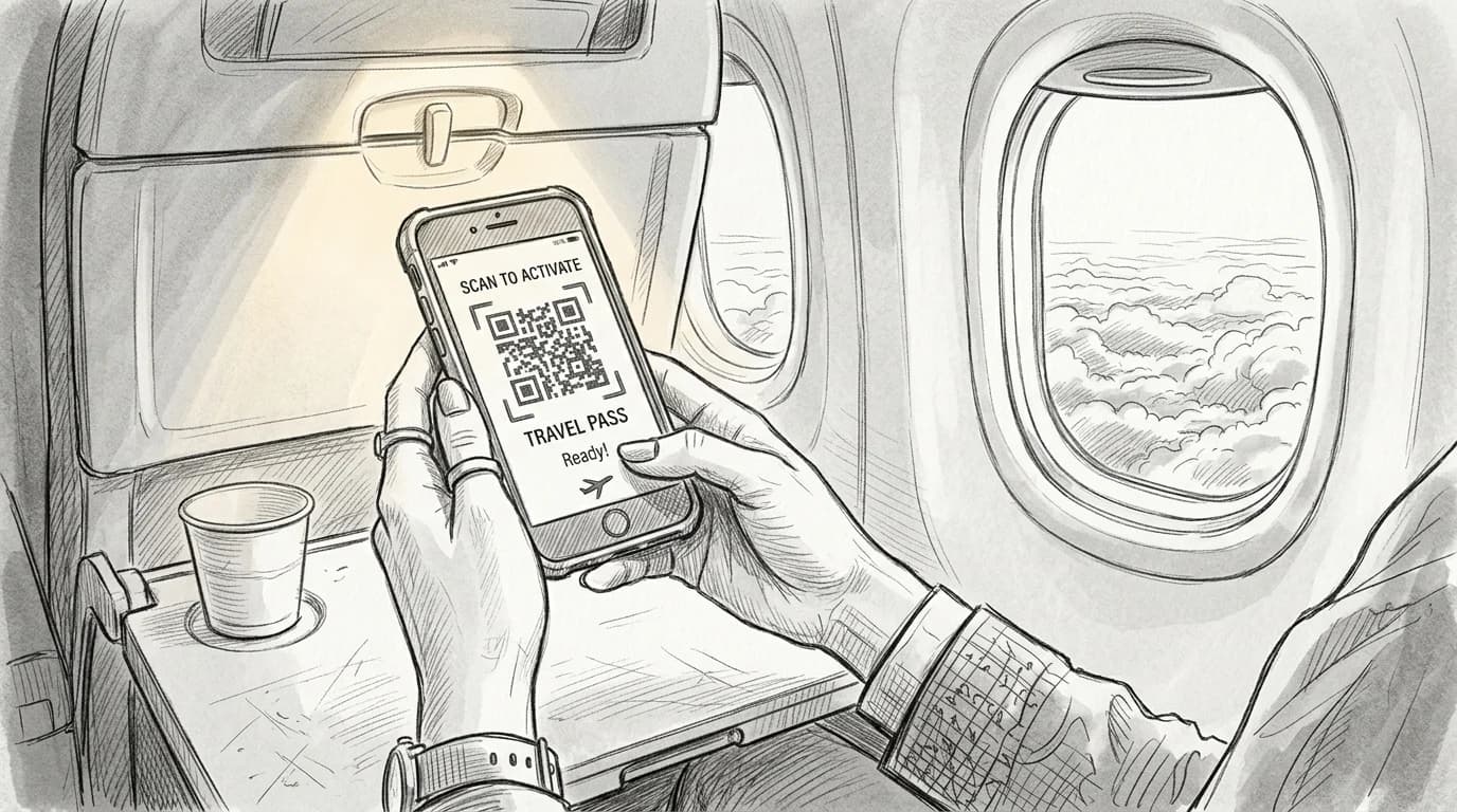 Hands hold a smartphone showing eSIM activation QR screen during a flight above clouds