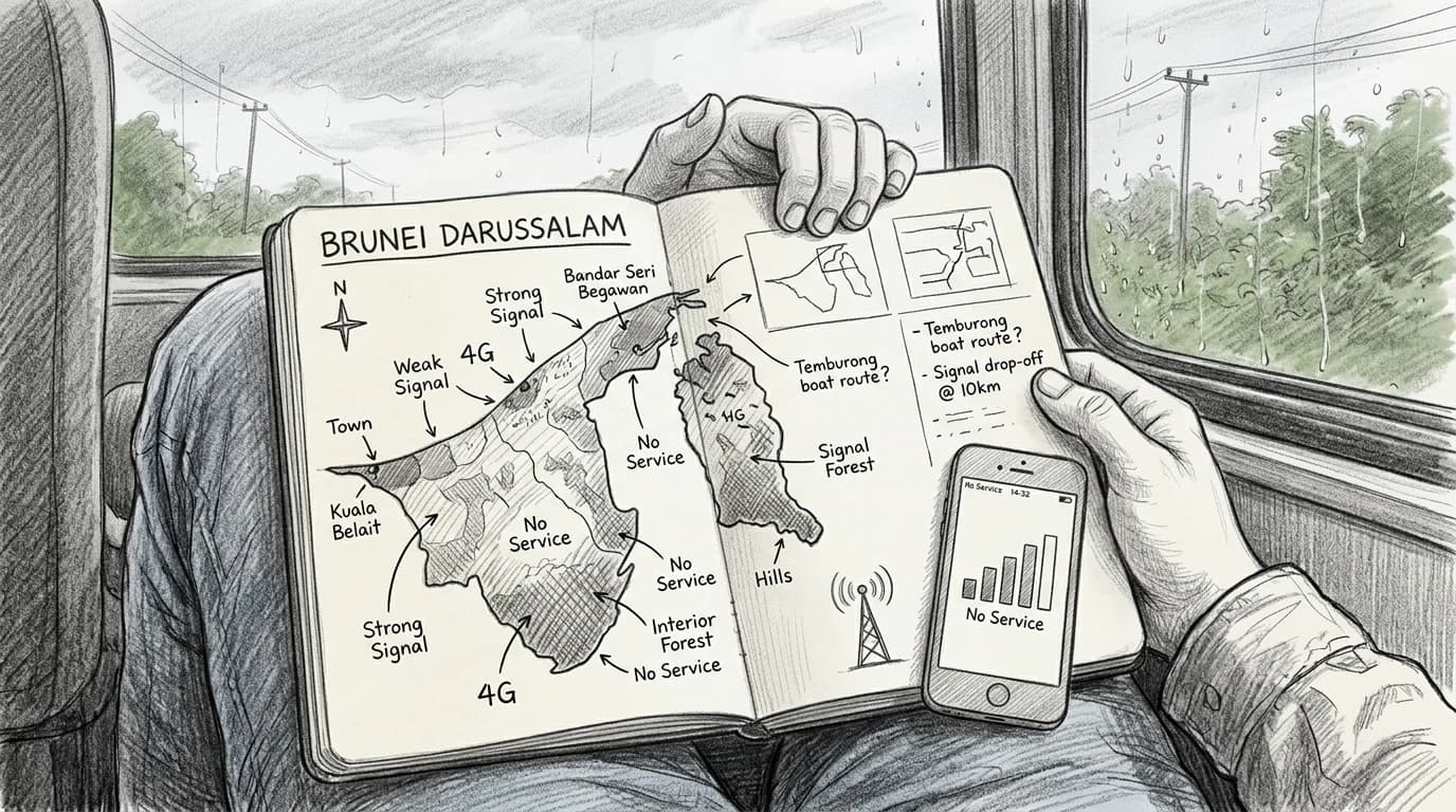 Sketch of Brunei coverage map beside a smartphone showing signal bars on a bus journey