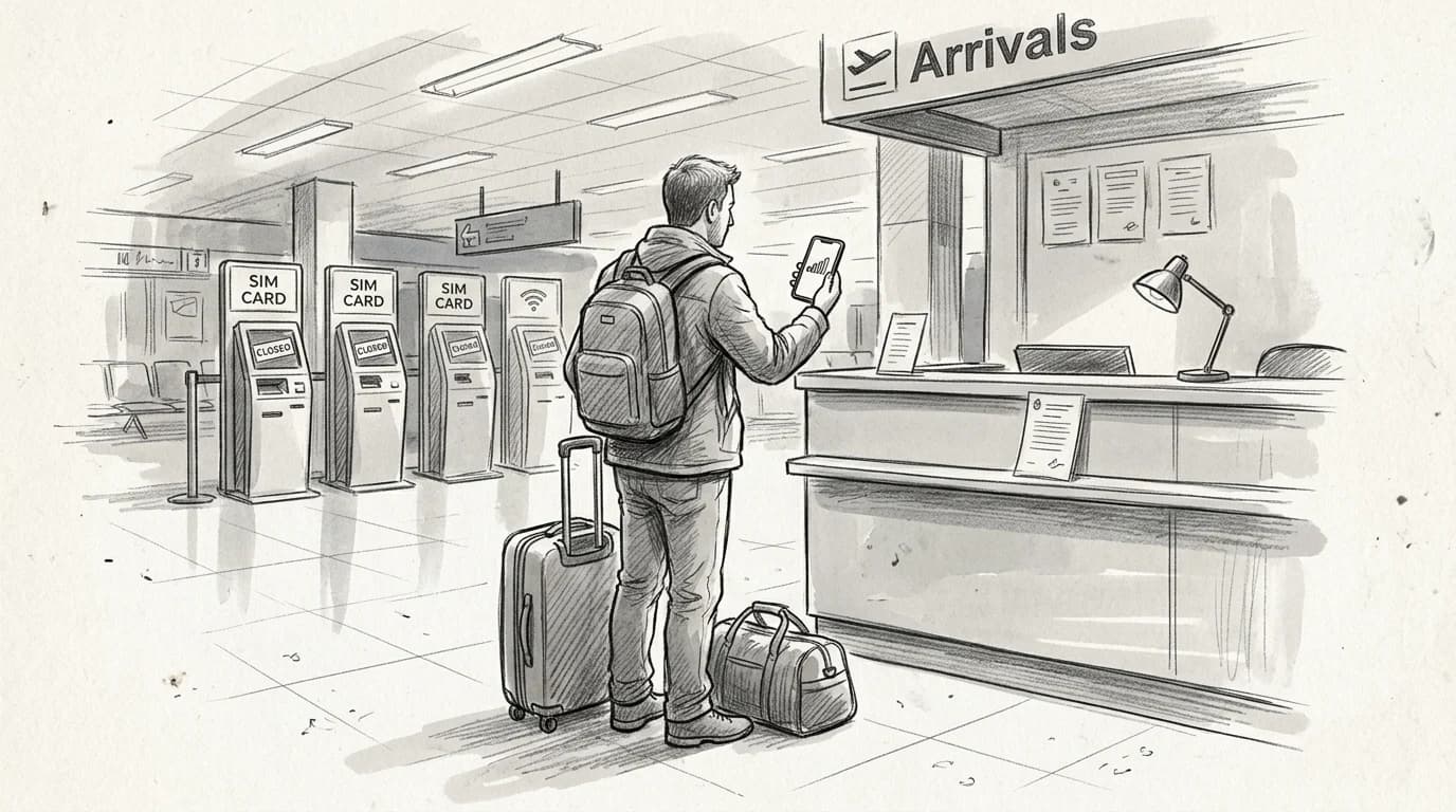 Traveler with luggage faces closed SIM kiosks at Brunei airport arrivals, phone showing no signal