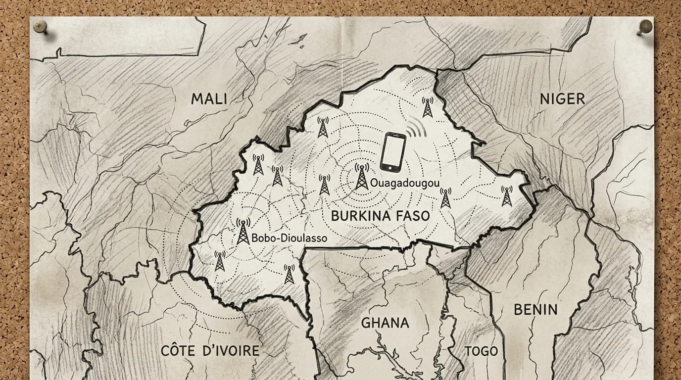 Hand-drawn sketch map of Burkina Faso showing fragmented mobile coverage signal rings fading toward rural borders