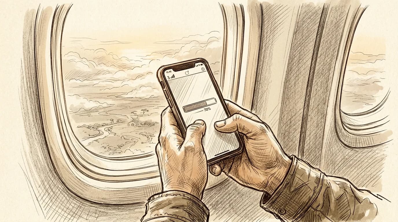 Hands activate an eSIM on a smartphone mid-flight above a savanna landscape before landing