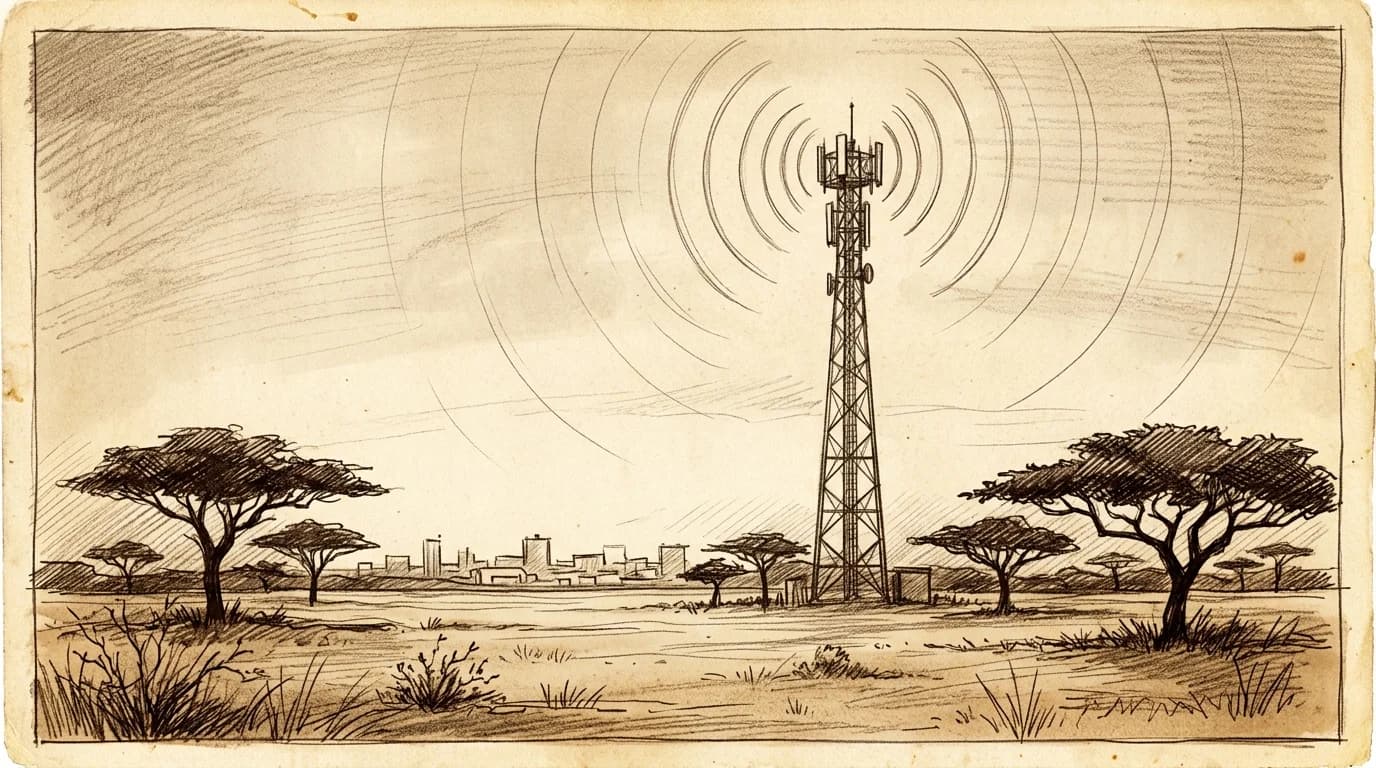 Sketch of a mobile network tower broadcasting signal over Burkina Faso savanna near Ouagadougou skyline