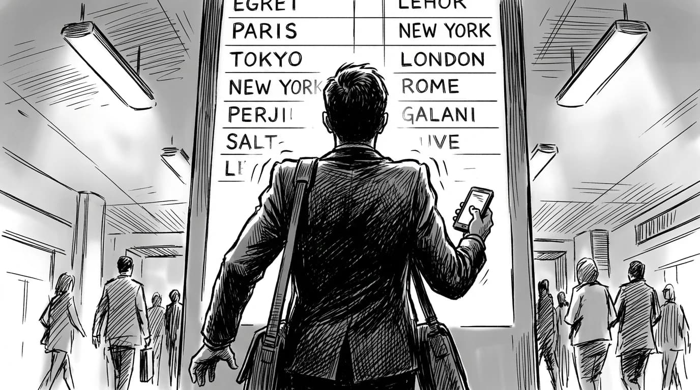 Business traveler reacts to unexpected roaming charges on smartphone at international airport departure board