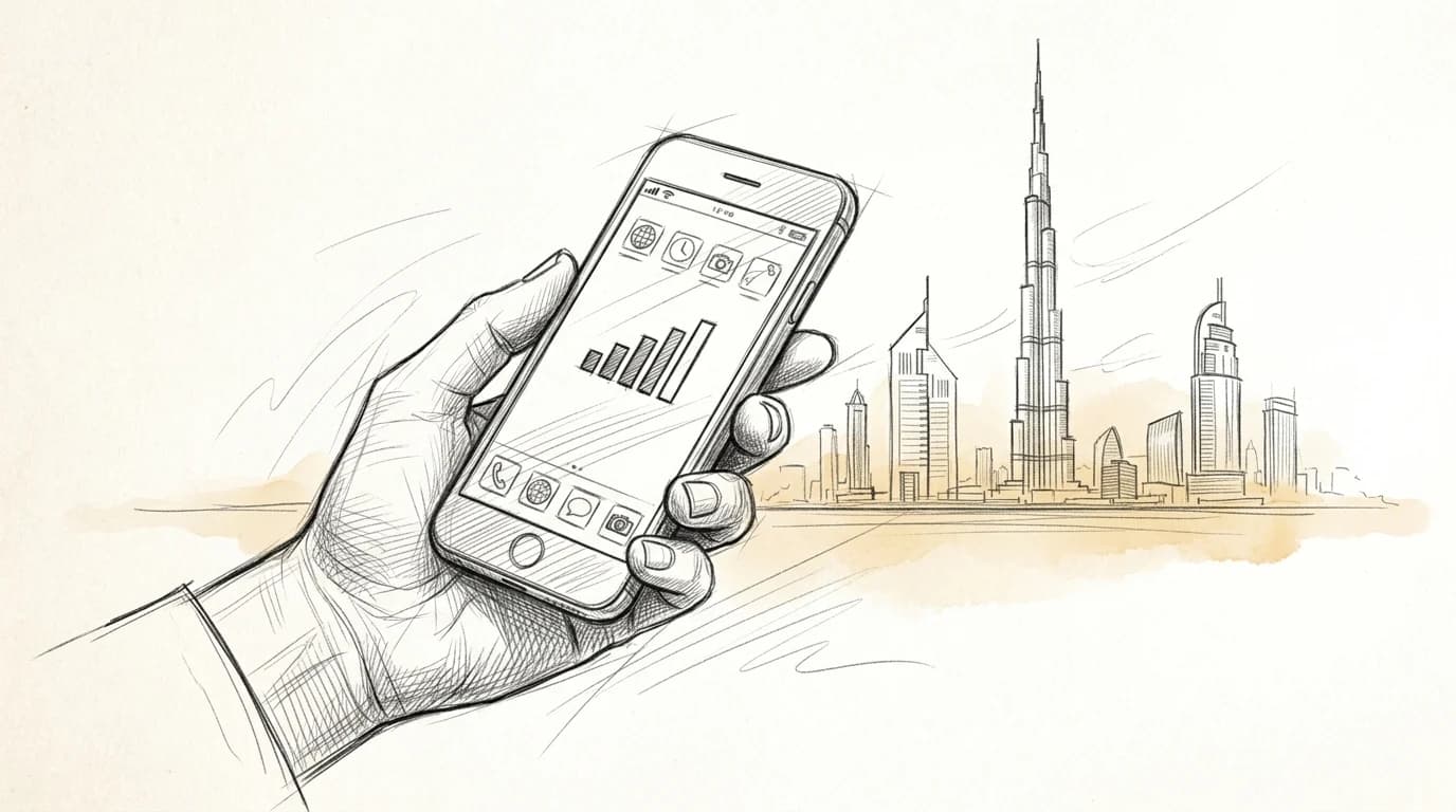 Sketch of a hand holding a phone against a Dubai skyline with Burj Khalifa silhouette