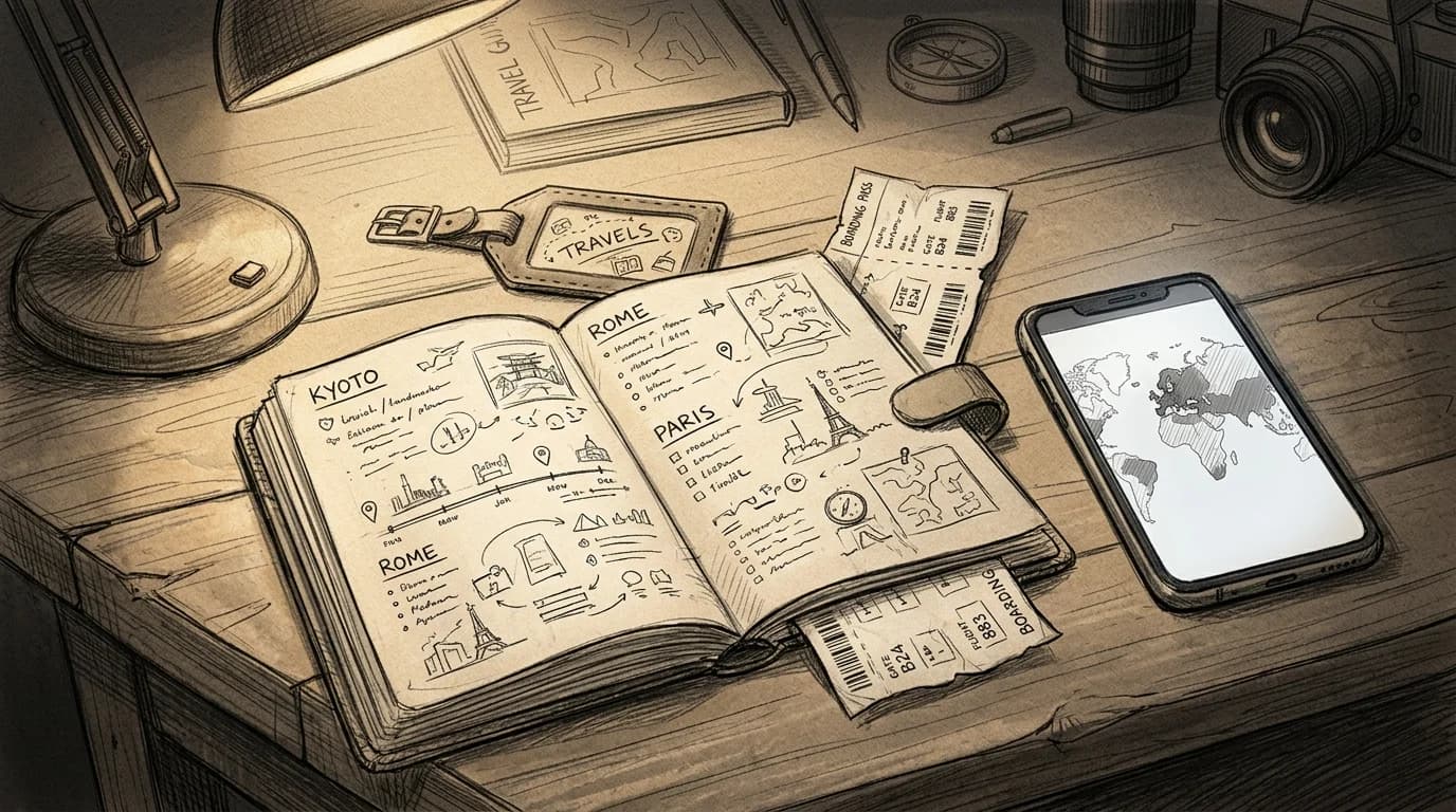 Sketch of a travel planner, smartphone with world map, and boarding pass on a desk