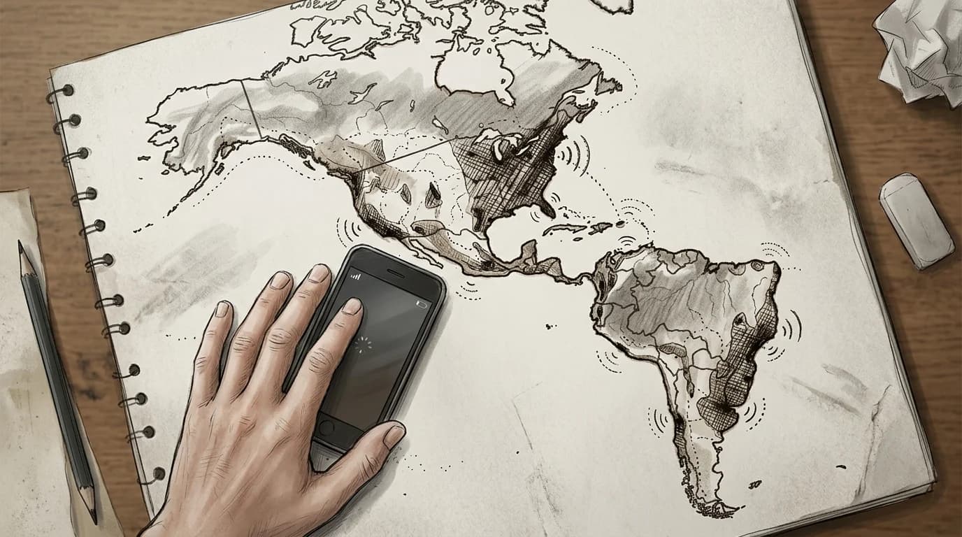 Hand-drawn sketch map of the Americas showing fragmented mobile network coverage zones across regions