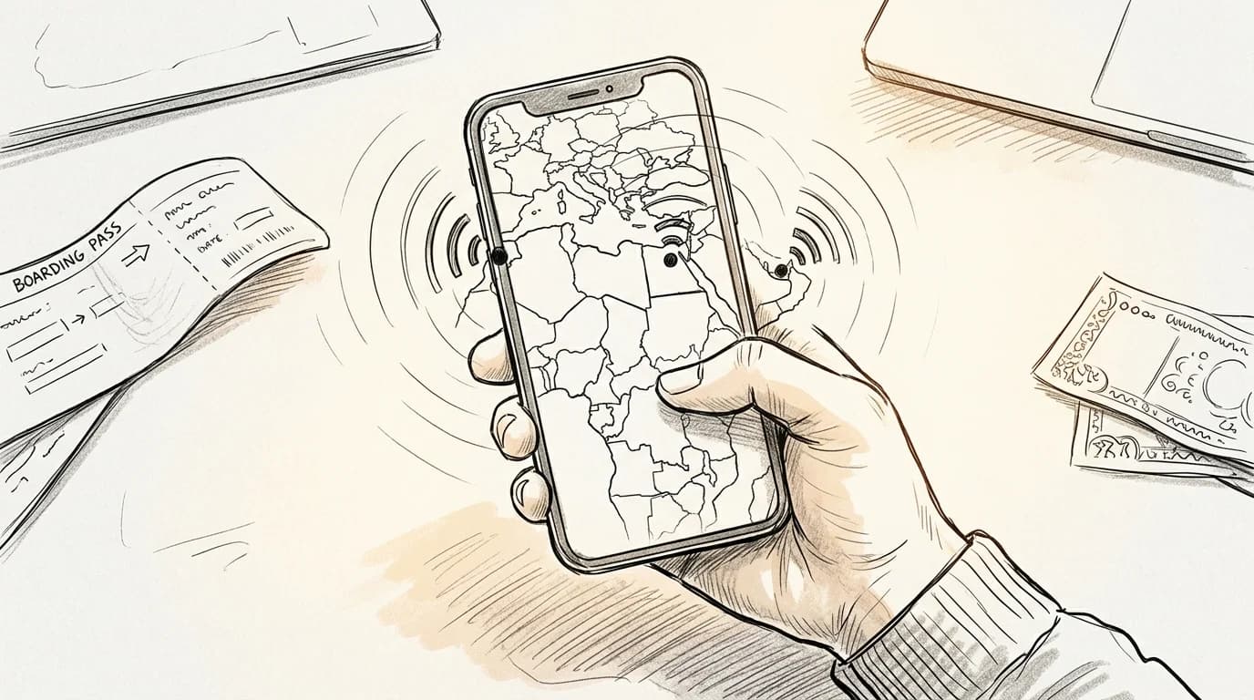 Hand-drawn sketch of smartphone showing MENA regional map with data signal arcs over Egypt, UAE, and Morocco