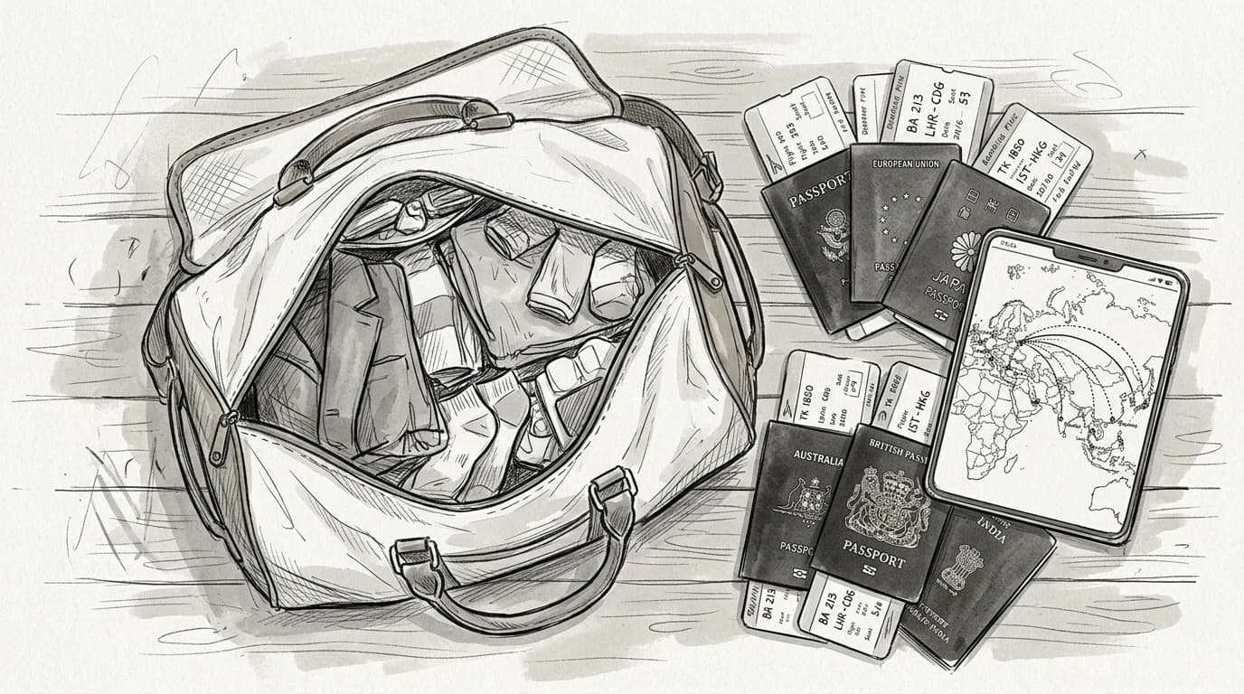 Sketch of carry-on bag with multi-country travel documents beside a phone showing regional eSIM coverage arcs