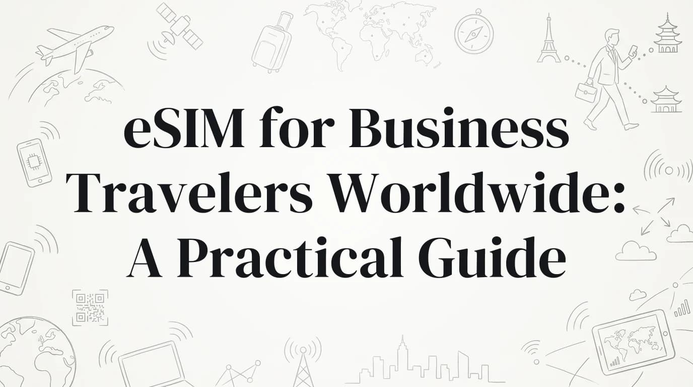 Hand-drawn travel doodles illustrating esim for business travelers worldwide