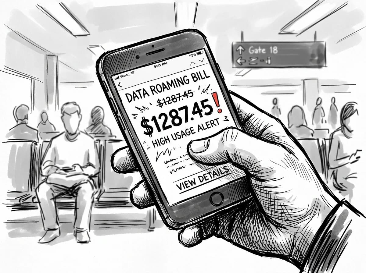 Business traveler's hand holds phone showing a high roaming charge notification in an airport lounge