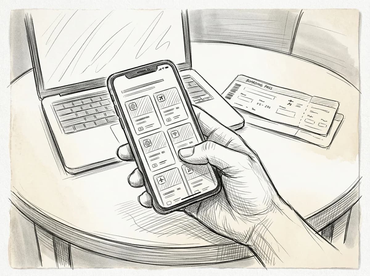 Hand holds a phone comparing eSIM data plans at an airport lounge desk with laptop nearby