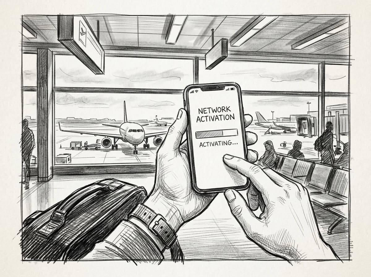 Hands hold a smartphone activating an eSIM at an airport departure gate before boarding