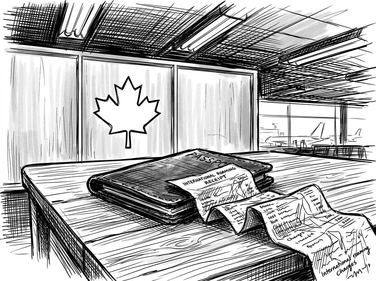 Crumpled roaming charges receipt beside a passport at a Canadian airport lounge