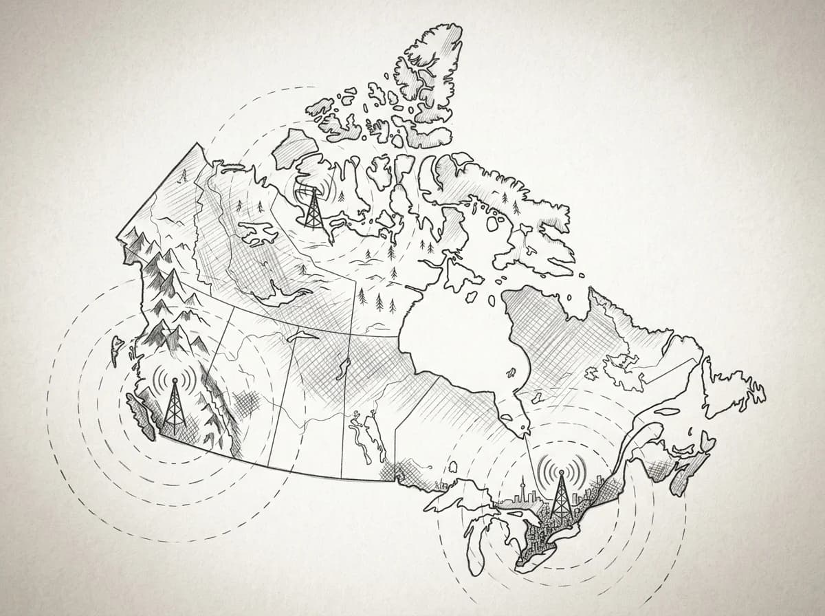 Sketch map of Canada showing overlapping network coverage zones across urban and wilderness regions