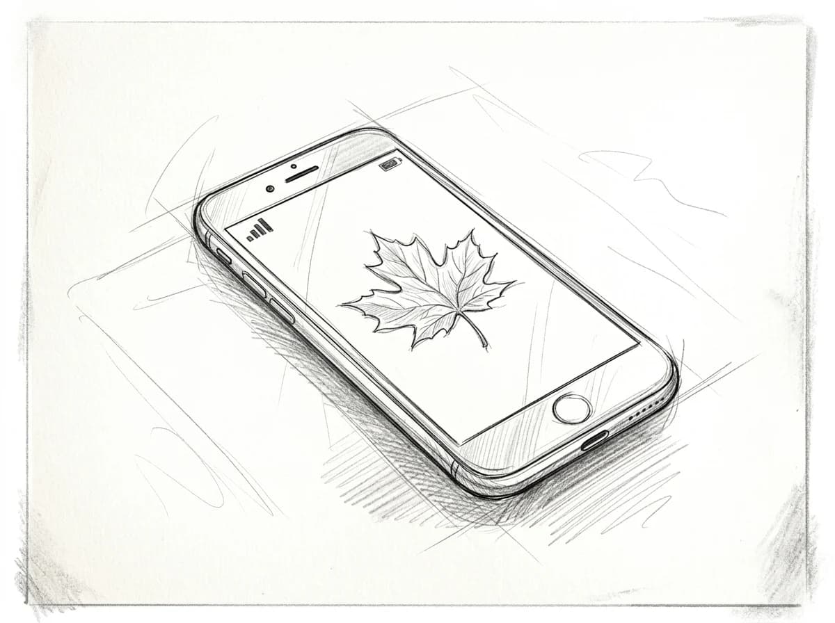 Pencil sketch of a smartphone screen showing a signal indicator and maple leaf icon