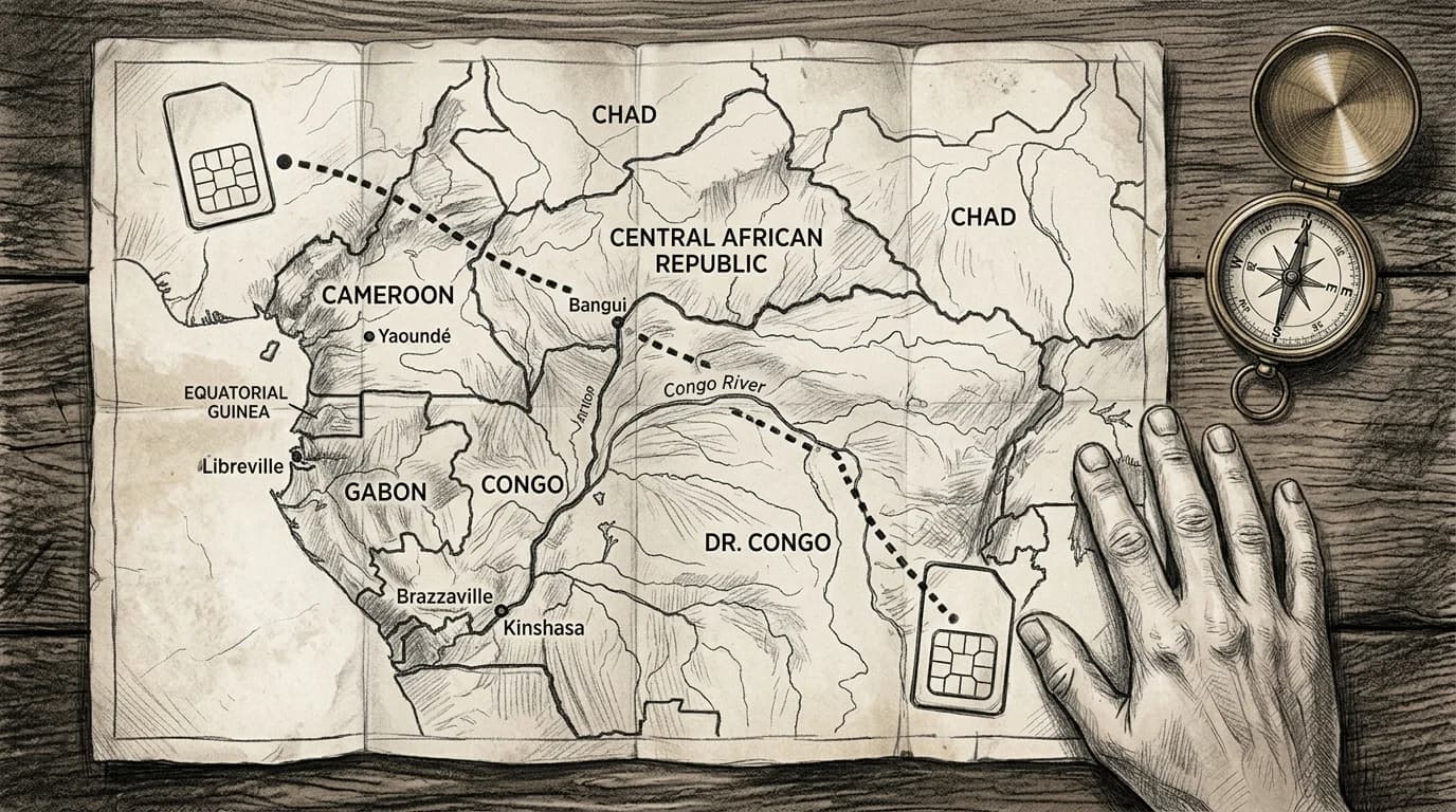 Hand-drawn sketch map of Central Africa with SIM card icons and dotted travel routes across borders