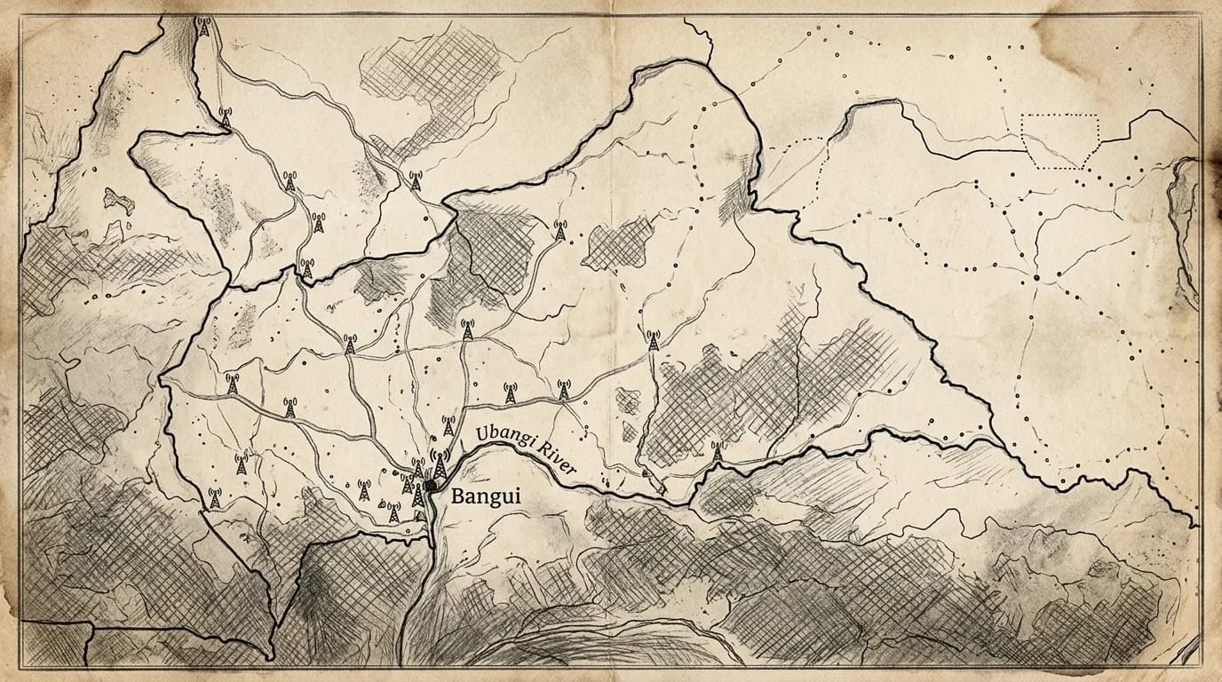 Hand-drawn sketch map of Central African Republic showing network coverage density across regions