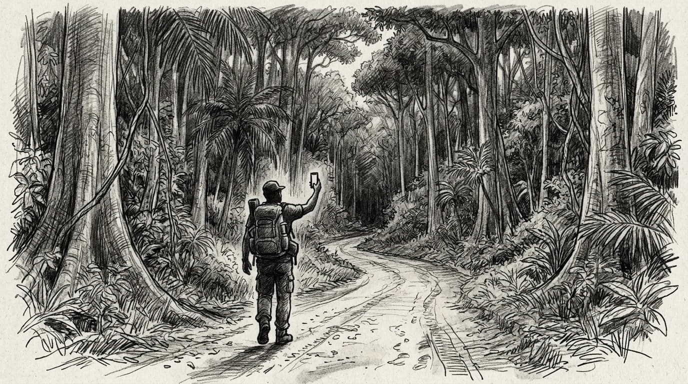Lone traveler holds phone aloft on a remote rainforest road in the Central African Republic seeking signal