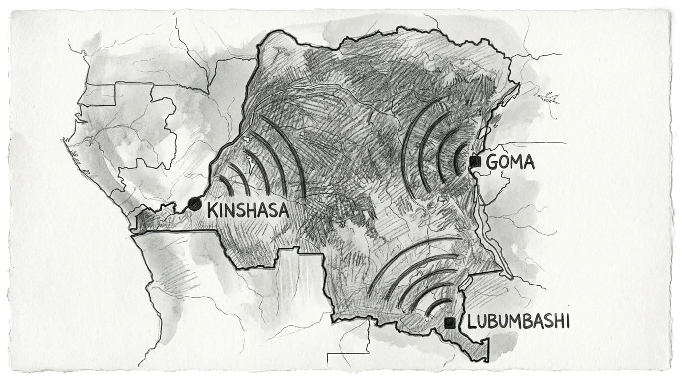 Hand-drawn sketch map of DRC highlighting network coverage arcs over Kinshasa, Goma, and Lubumbashi