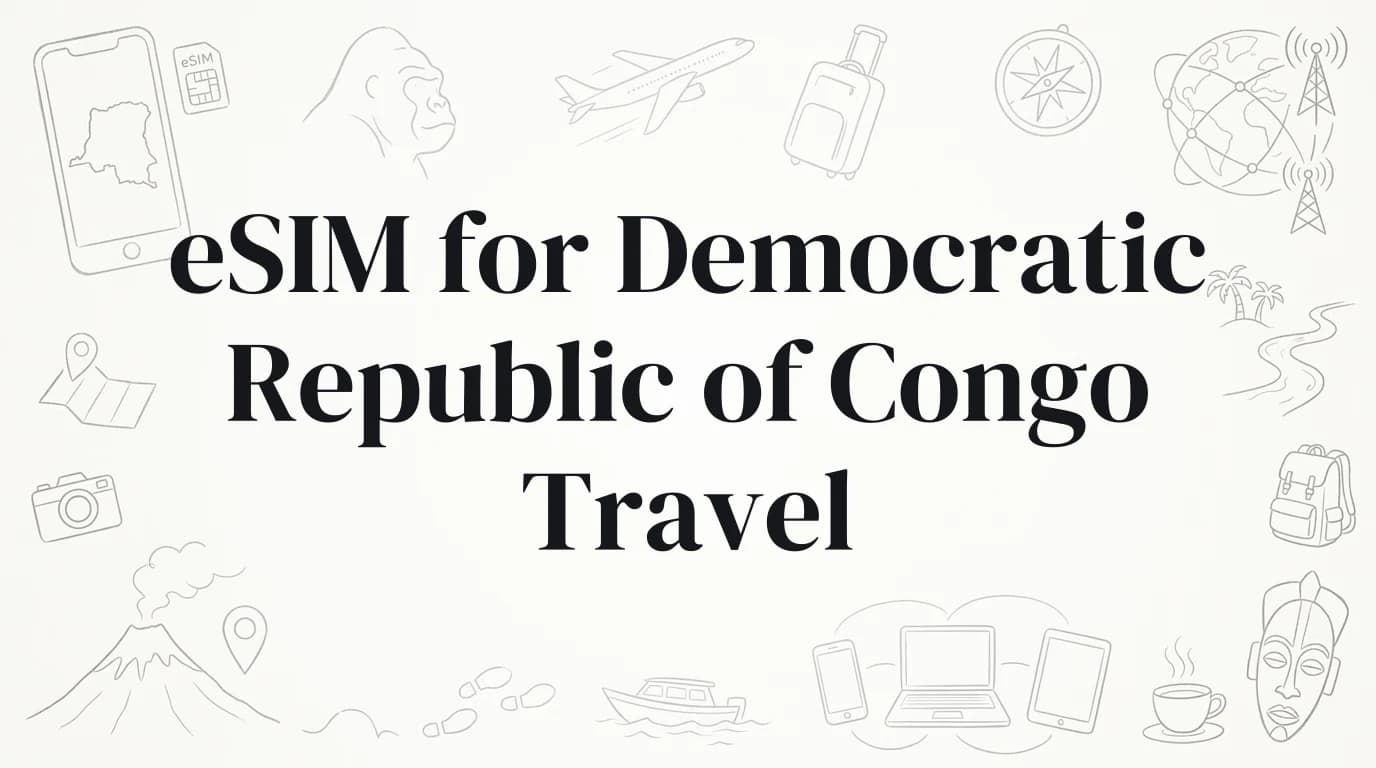 Hand-drawn travel doodles illustrating esim for democratic republic of congo travel