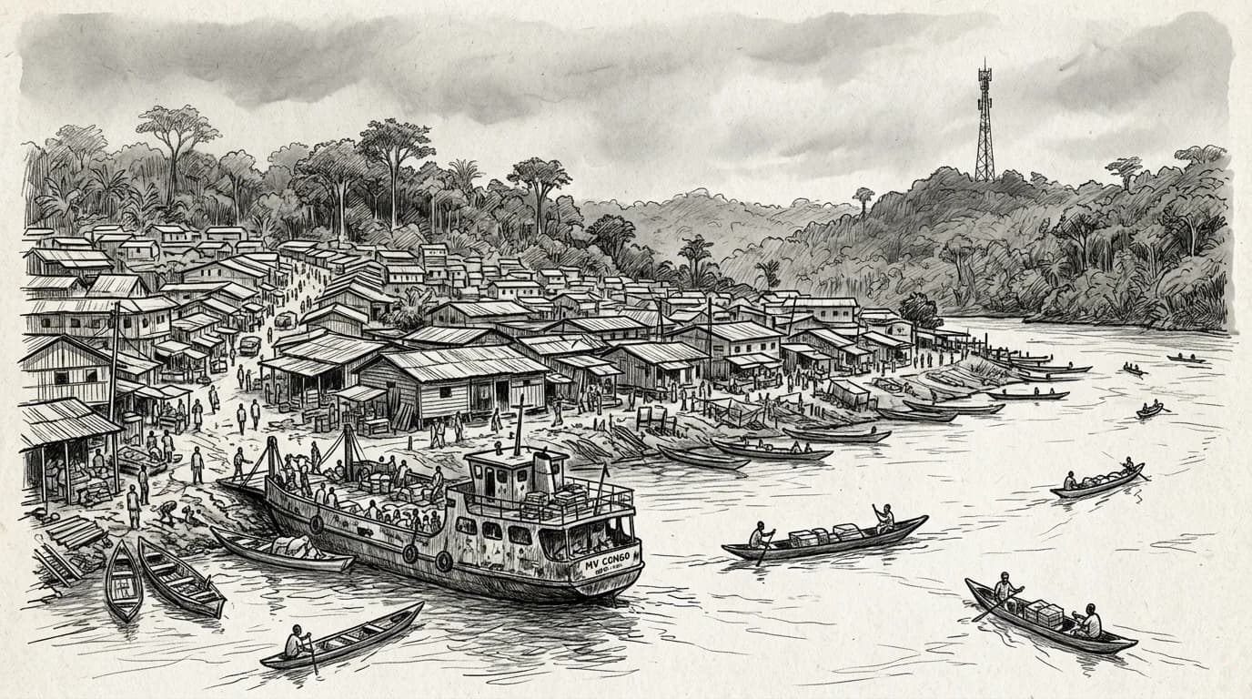 Pencil sketch of a Congo River port town with a lone mobile tower on a distant jungle hillside