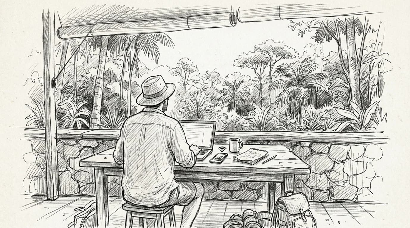 Traveler manages eSIM data on a smartphone at an outdoor desk in a forest-edged DRC field location