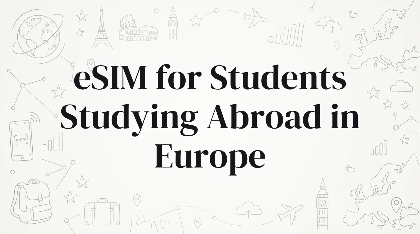 Hand-drawn travel doodles illustrating esim for students studying abroad in europe