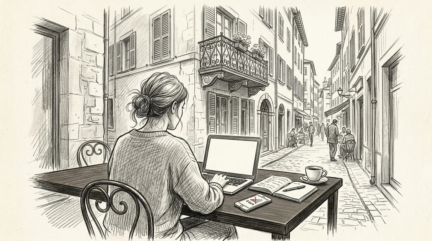 Student at European café table faces a phone showing no signal beside an open laptop
