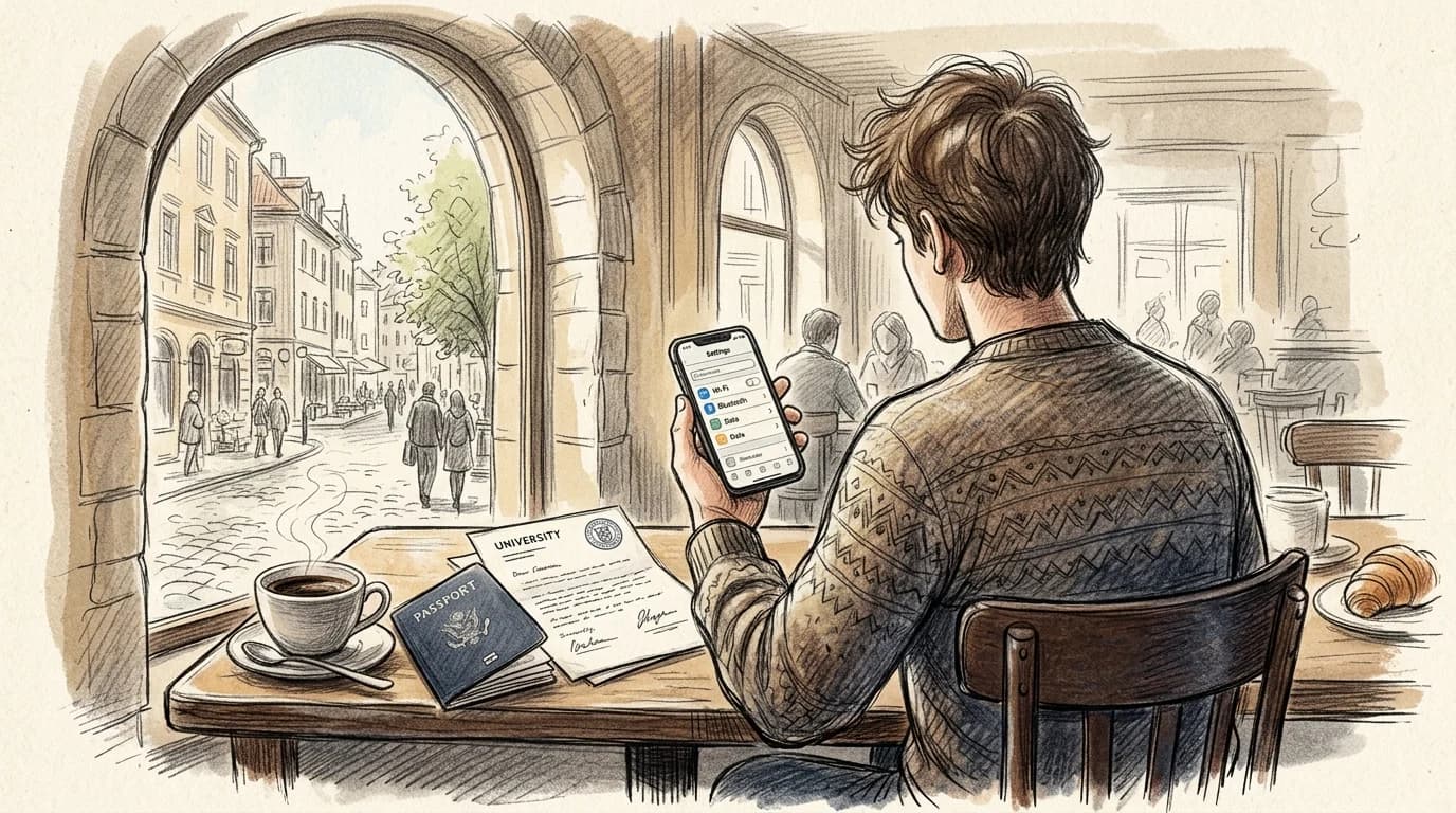Student at European café window sets up an eSIM on a smartphone beside a passport and university documents