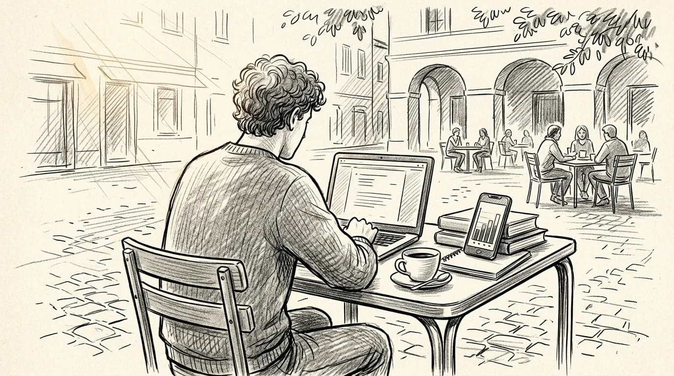 Student works at a European plaza café with a phone showing a data usage graph