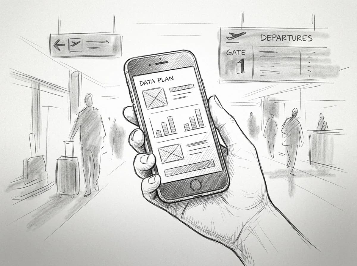 Sketched hand holds a phone showing prepaid eSIM plan options in a busy airport terminal