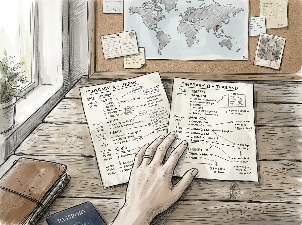 Hand-sketched scene of travel plan documents compared side by side on a café table