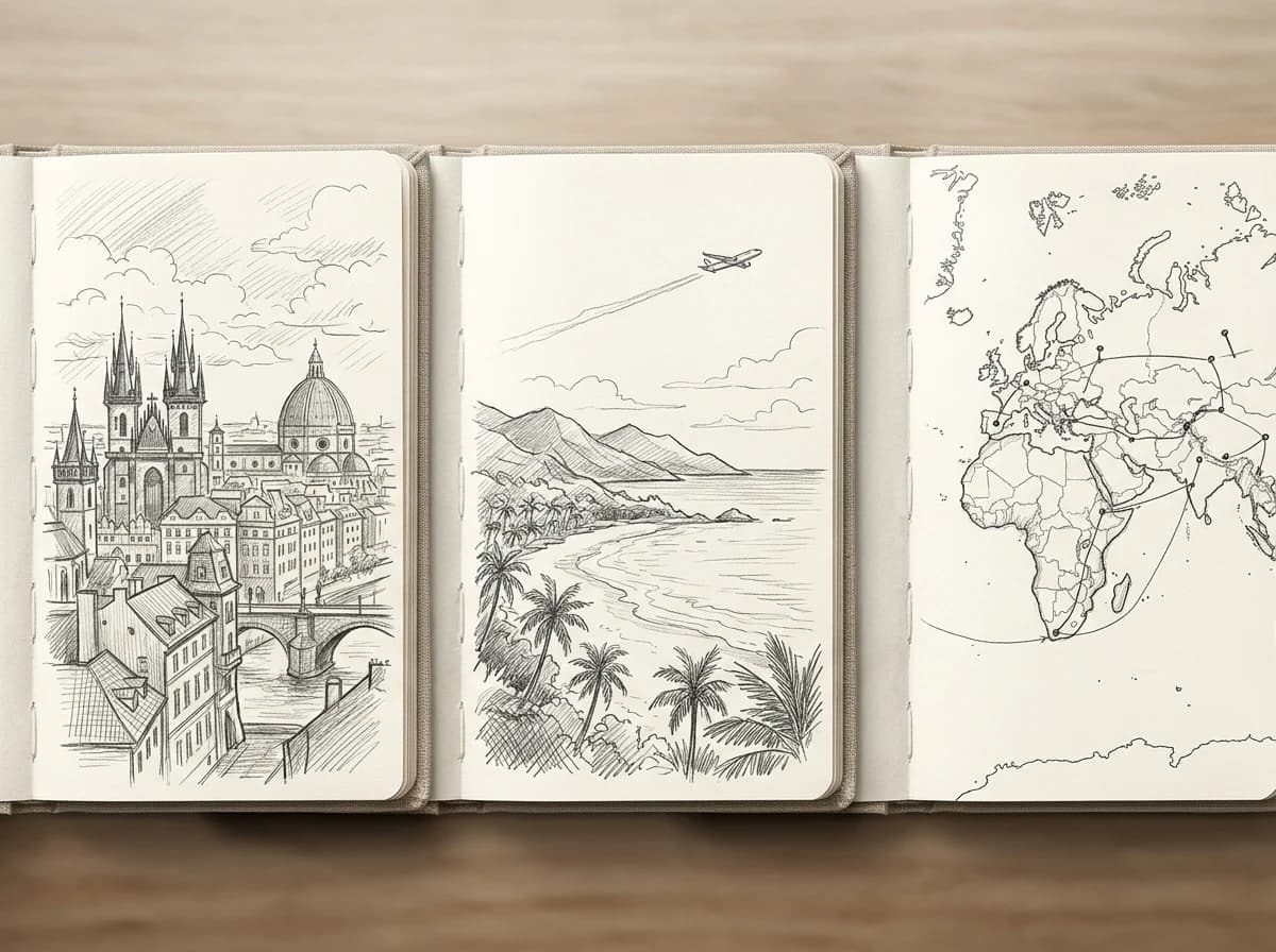 Three sketched travel journals showing cityscape, coastline, and world map routes for different trip types