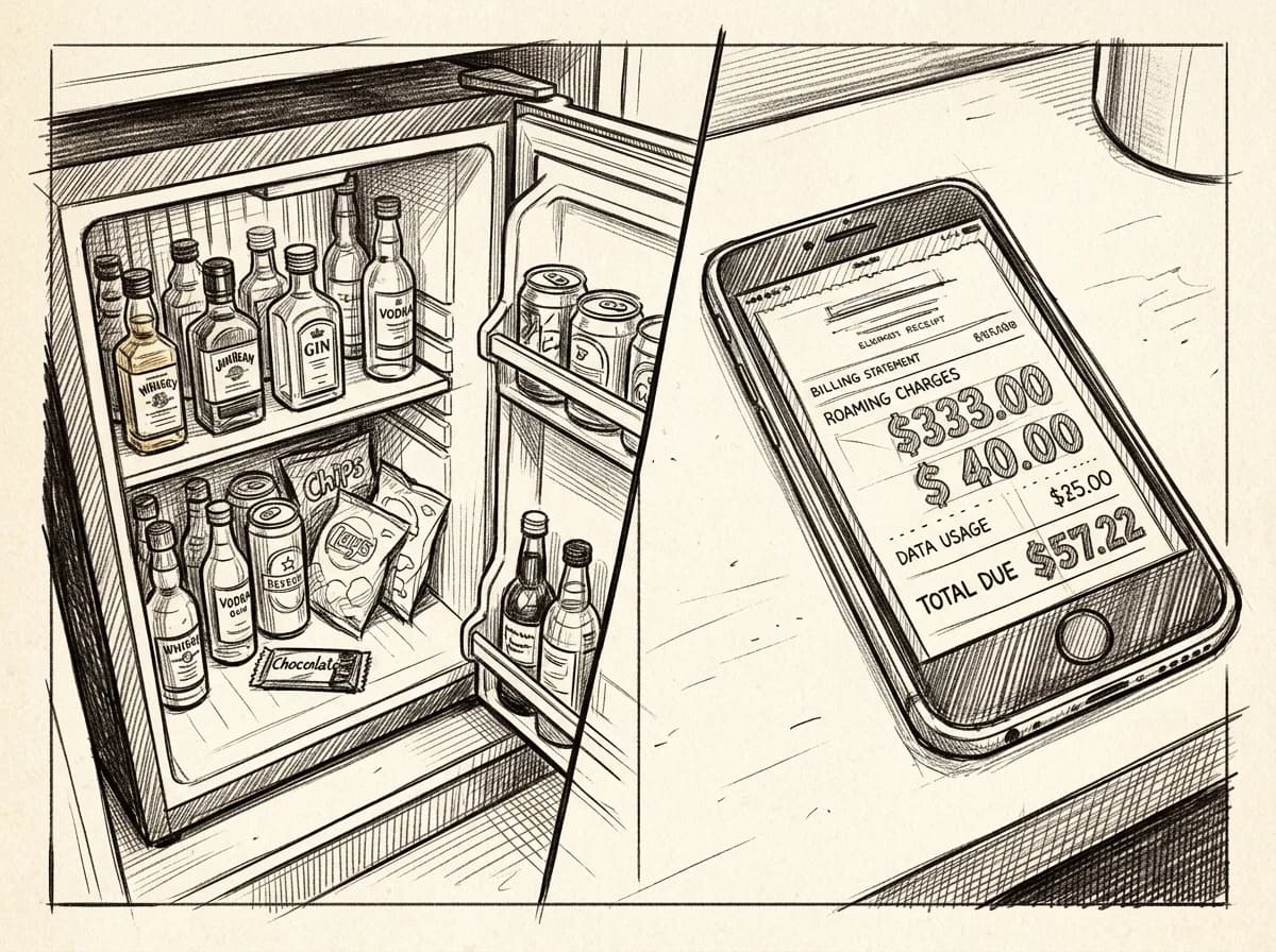 Sketch comparing hotel minibar items with a smartphone showing high carrier roaming charges