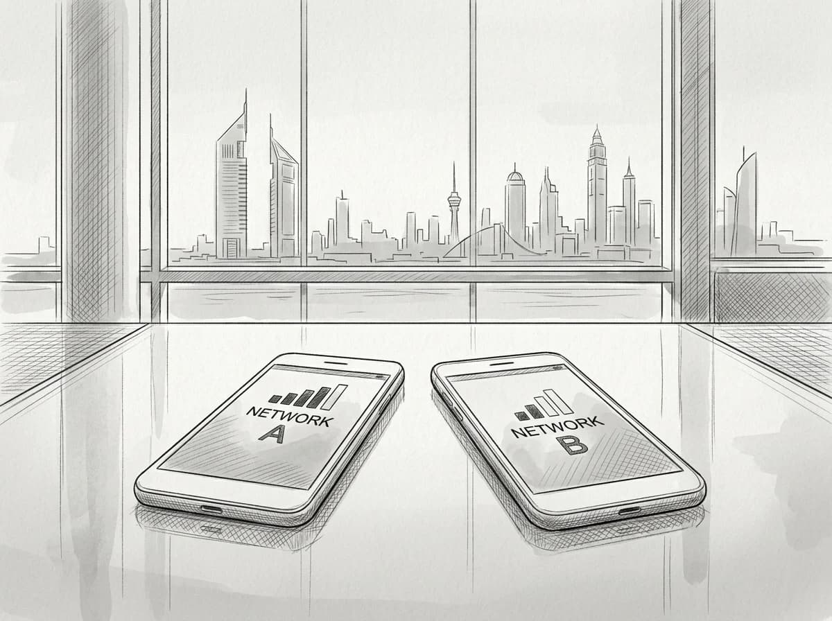 Two smartphones comparing network signal strength on a Dubai office desk with skyline view