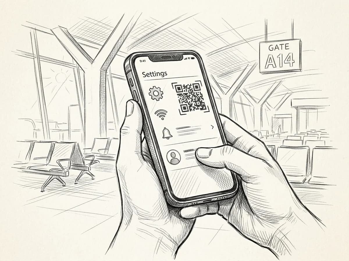 Hands hold a smartphone scanning an eSIM QR code in an airport departure lounge