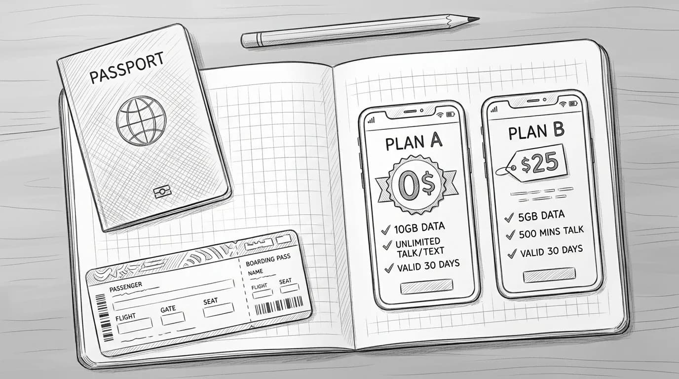 Sketch of two phones comparing a free trial eSIM plan against a low-cost paid travel plan