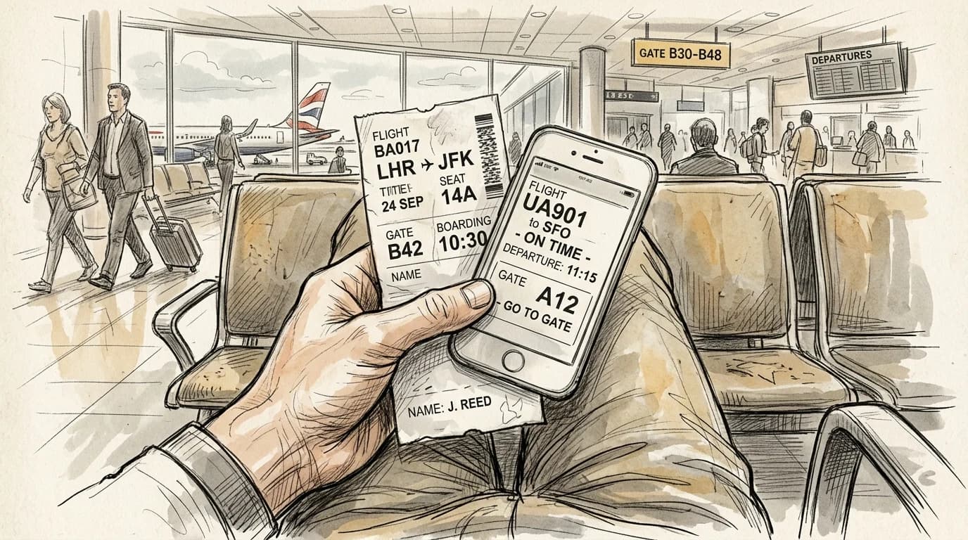 Sketched hand weighing a boarding pass against a smartphone at an airport departure gate