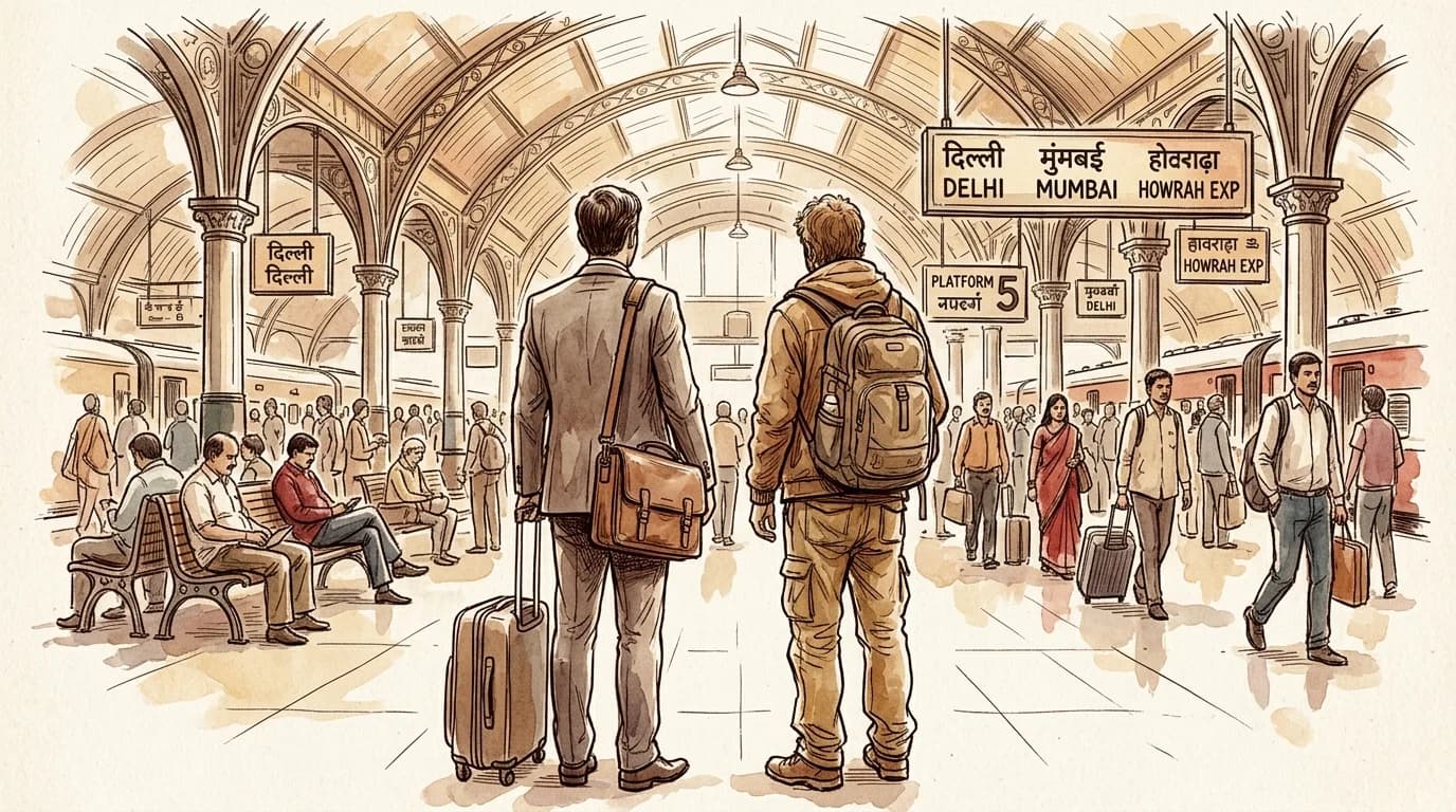 Business and leisure travelers stand back to back at an Indian railway station concourse