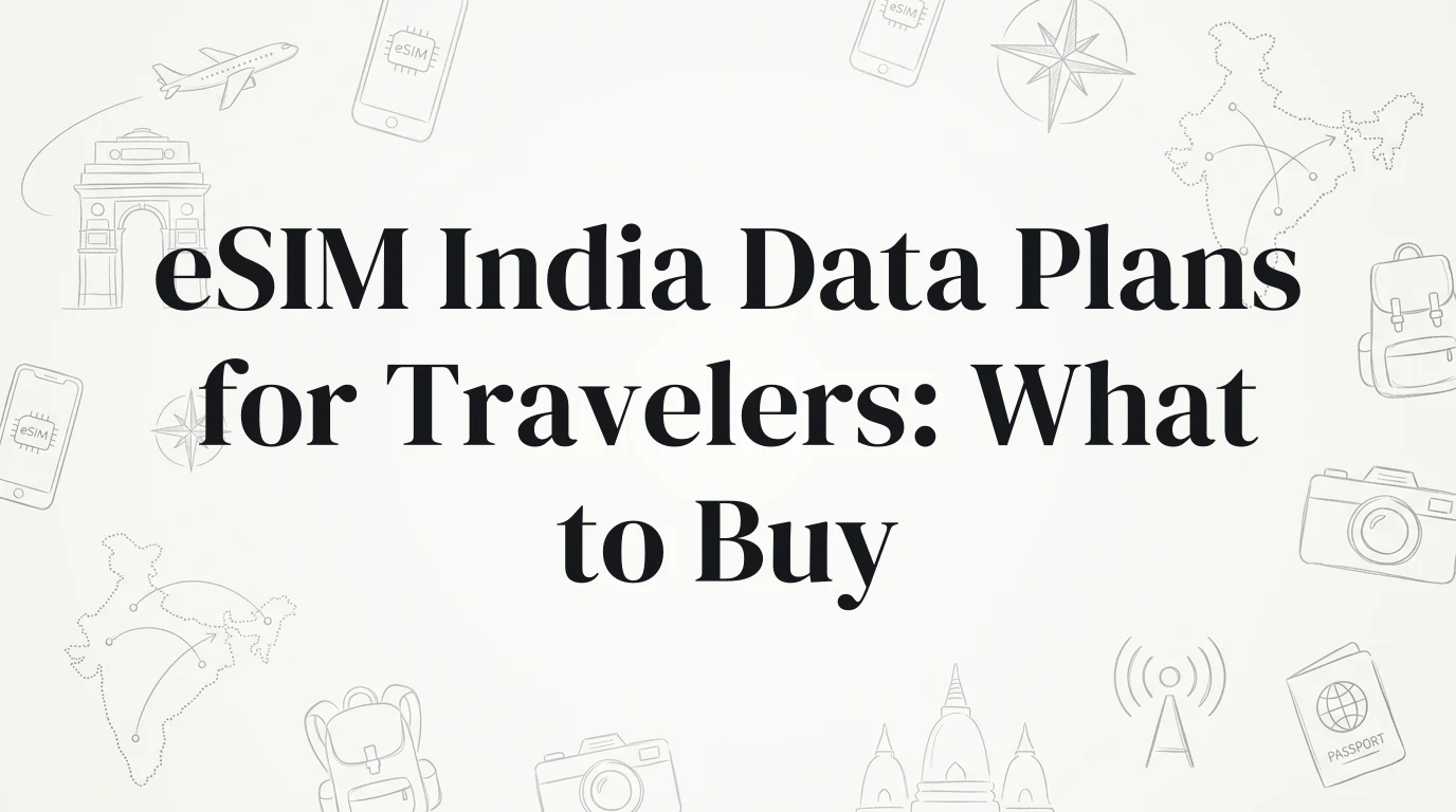 Hand-drawn travel doodles illustrating esim india data plans for travelers