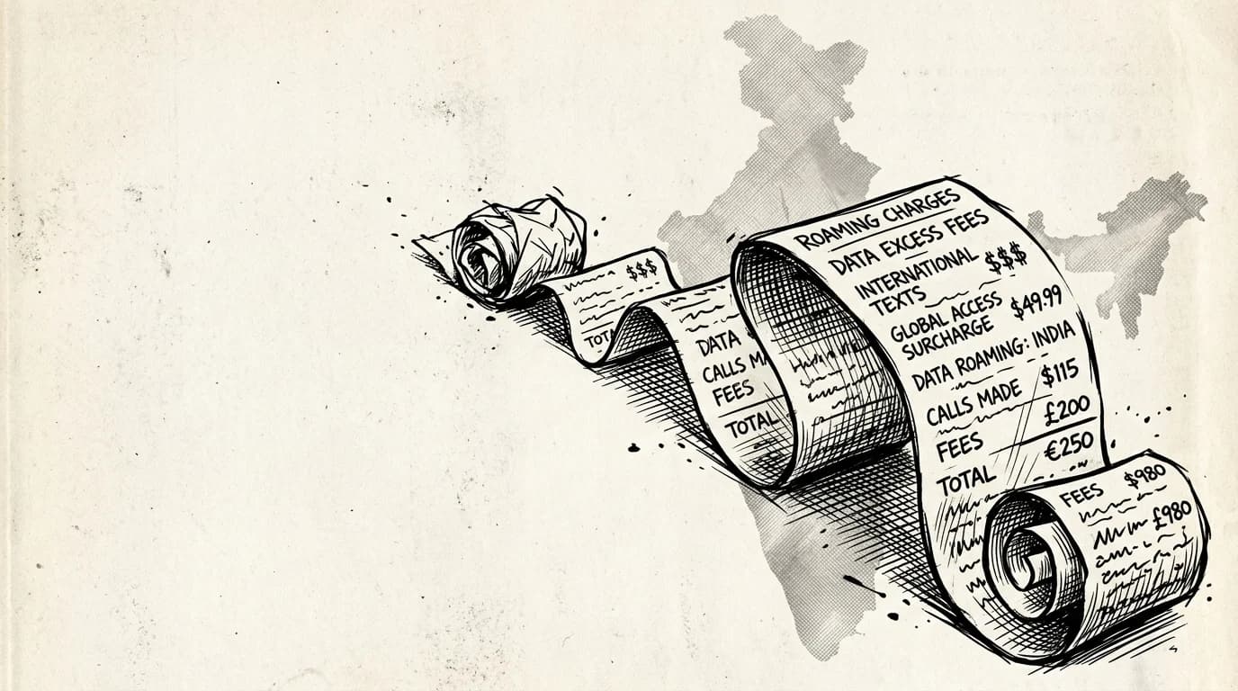 Illustrated receipt with excessive roaming charges unfurling against an India map silhouette