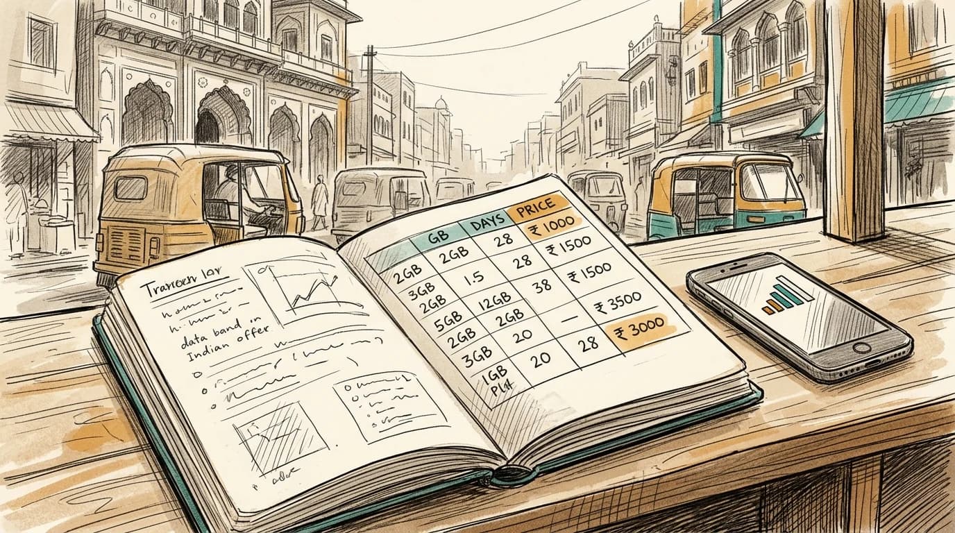 Sketch of a traveler's notebook comparing eSIM data plans at an Indian market stall