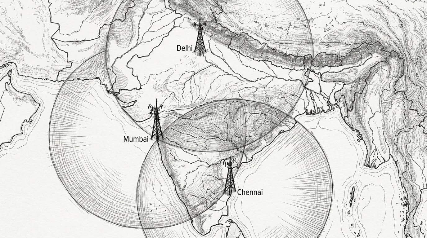 Sketch map of India showing three overlapping mobile network coverage zones radiating from major cities