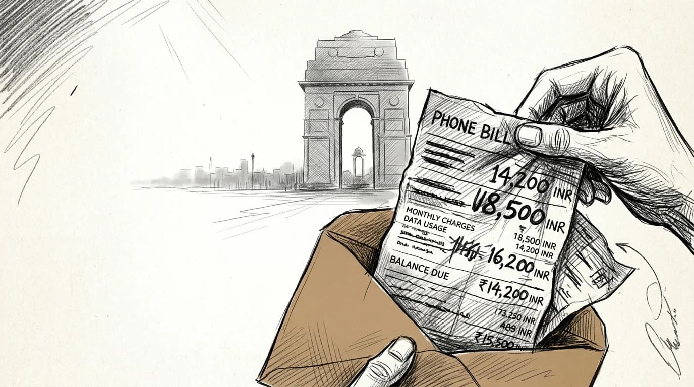 Sketch of an oversized phone bill beside India Gate silhouette, illustrating roaming cost shock